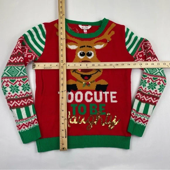 Too Cute To Be Naughty Christmas Sweater Youth S Or Women XS Ugly Sweater Party - Picture 6 of 7